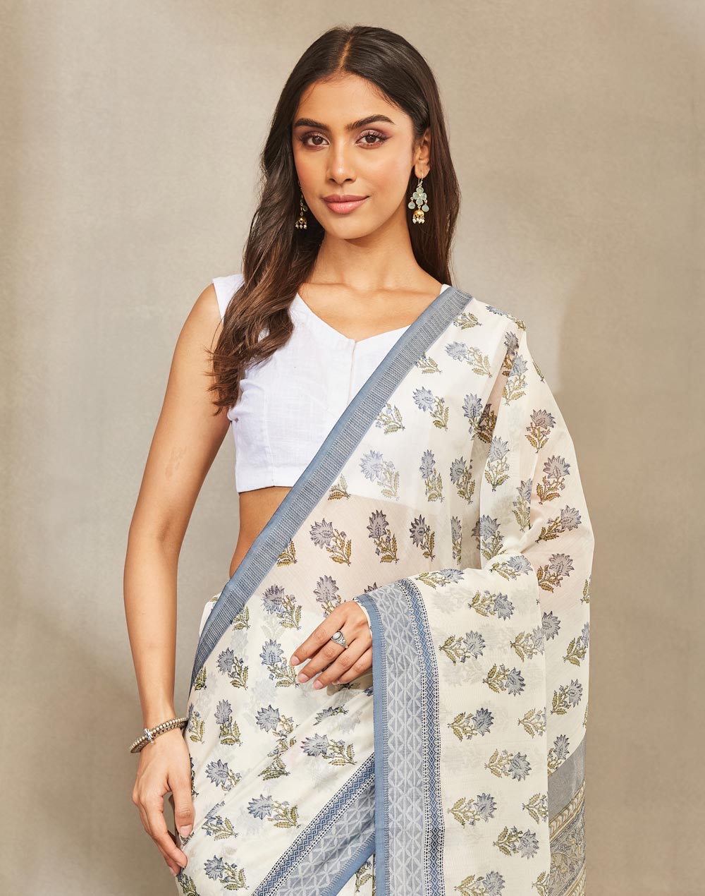 Blue Cotton Silk Blend Hand Block Print Sari