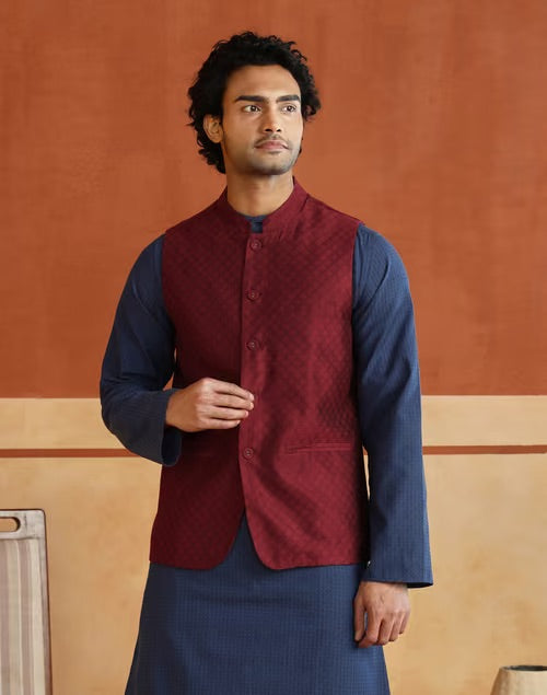 Viscose silk fabric detail on the Maroon Nehru Jacket