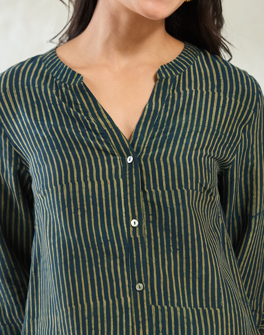Green Rayon Blend Dabu Striped Shirt