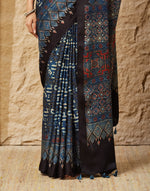 Indigo Viscose Blend Ajrakh Printed Sari