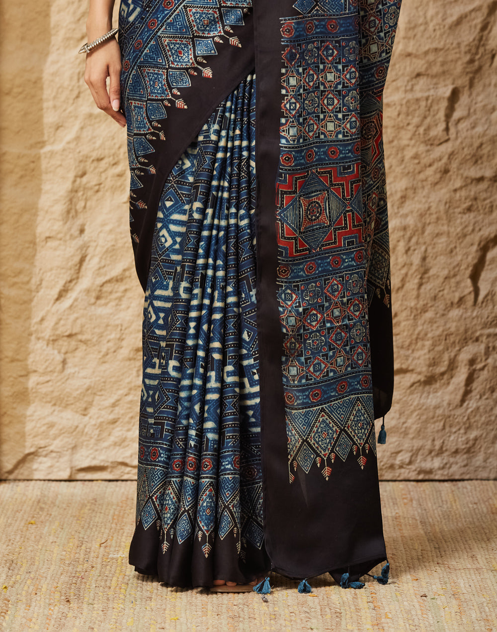 Indigo Viscose Blend Ajrakh Printed Sari