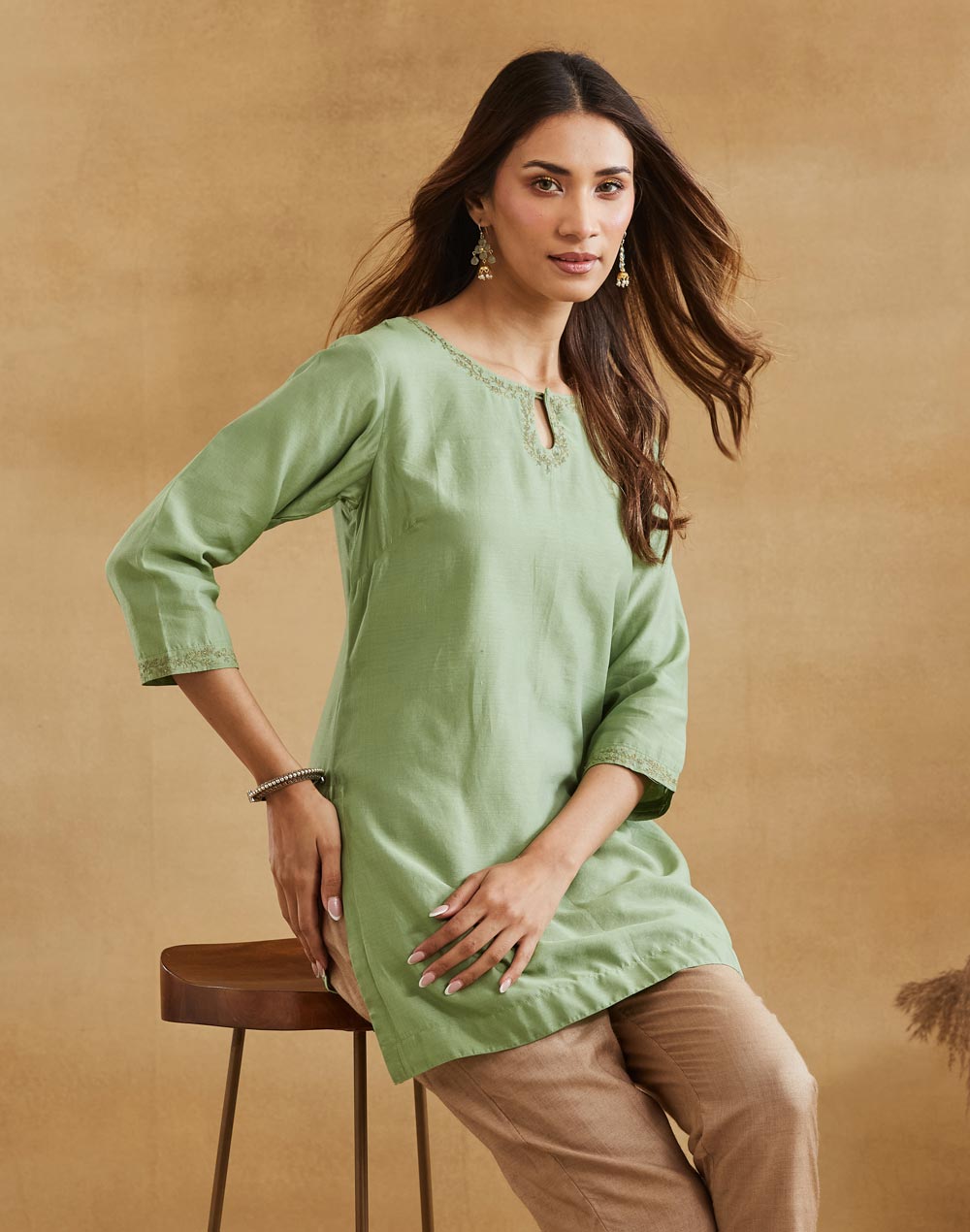 Green Cotton Silk Short Kurta