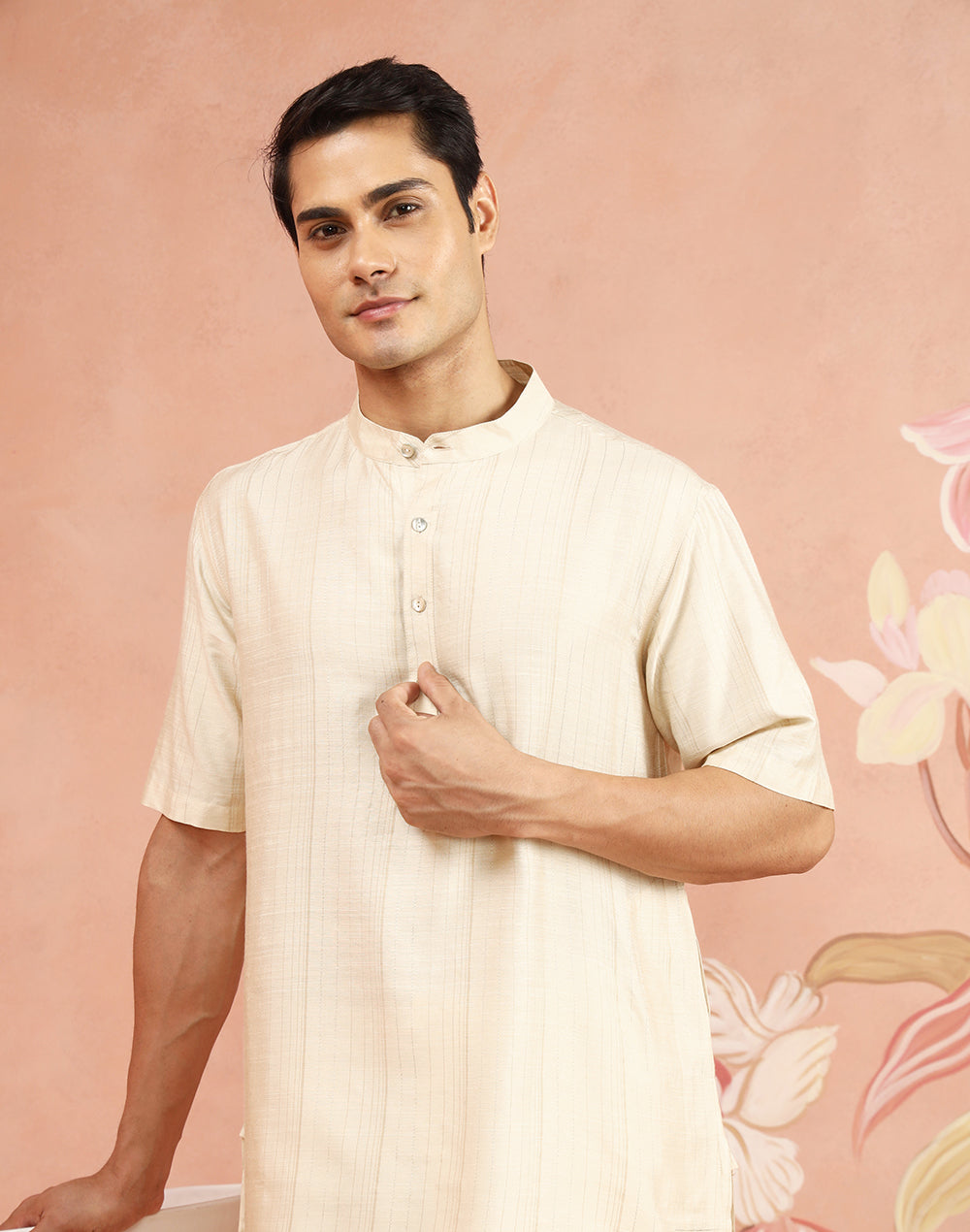 Off-White Viscose Stripe Short Kurta for Men from Fabindia UK