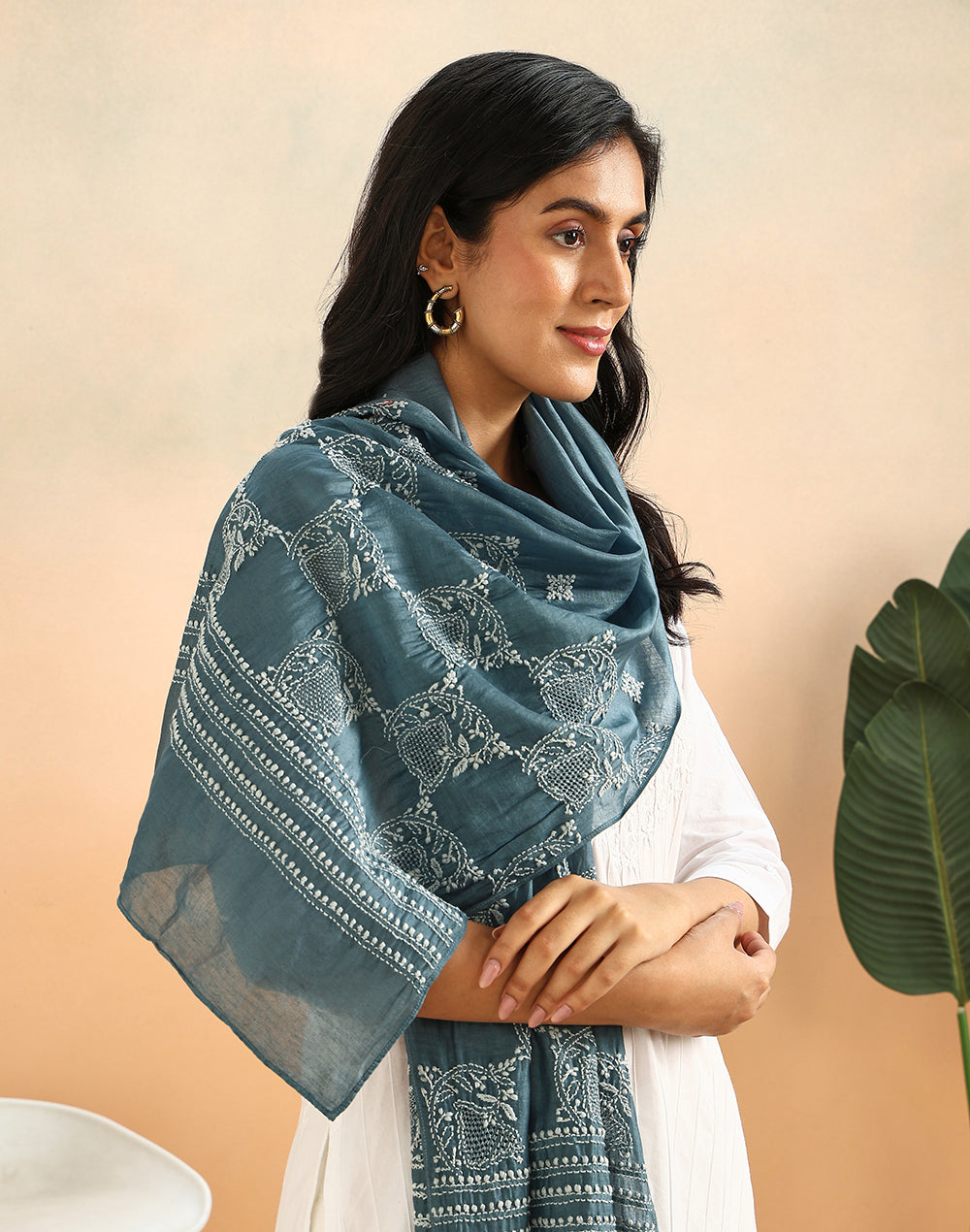 Blue Cotton Silk Chikankari Stole