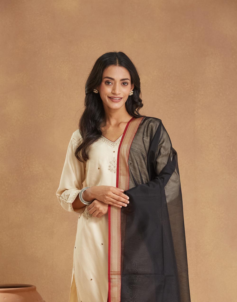 Black Cotton Silk Blend Dupatta