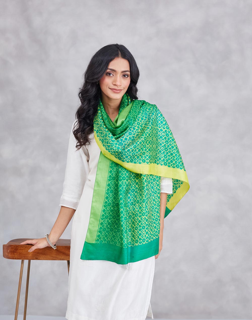 Green Silk Symphony Hand Block Printed Stole