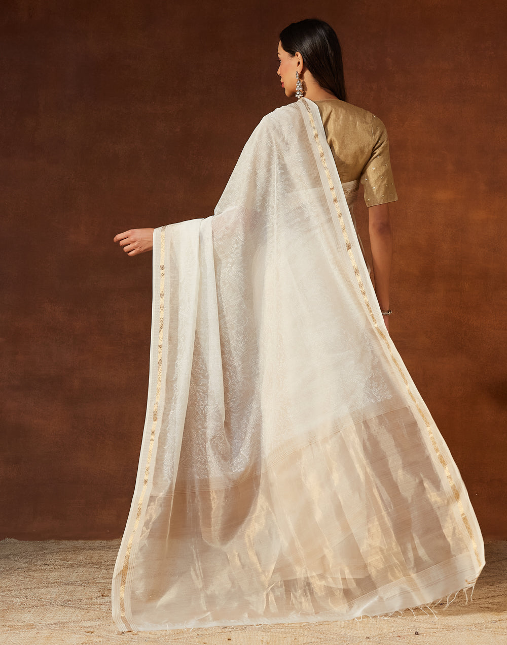 Natural Cotton Silk Blend Hand Block Printed Sari