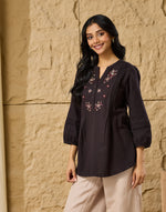 Black Cotton Linen Embroidered Tunic