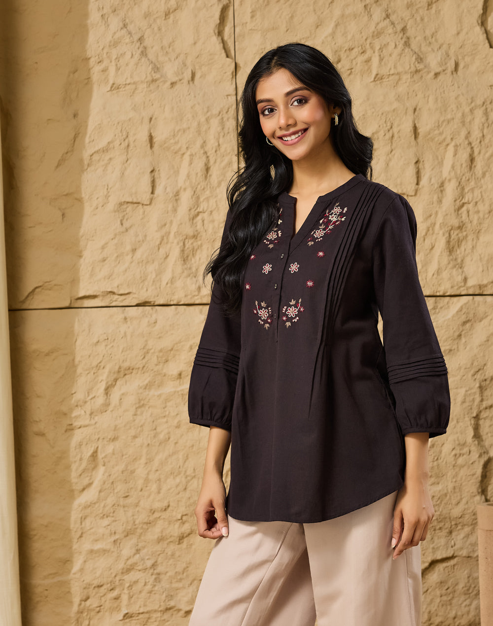 Black Cotton Linen Embroidered Tunic