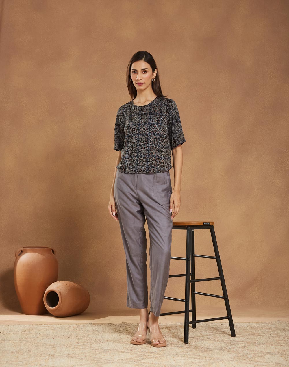 Navy Rayon Blend Ajrakh Printed Short Top