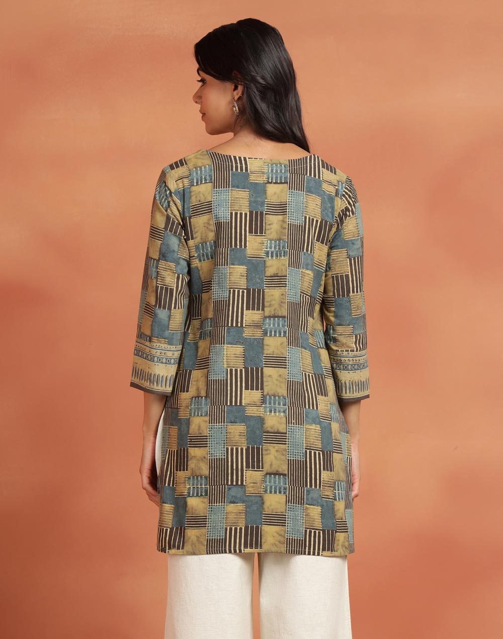 Green Cotton Ajrakh Short Kurta