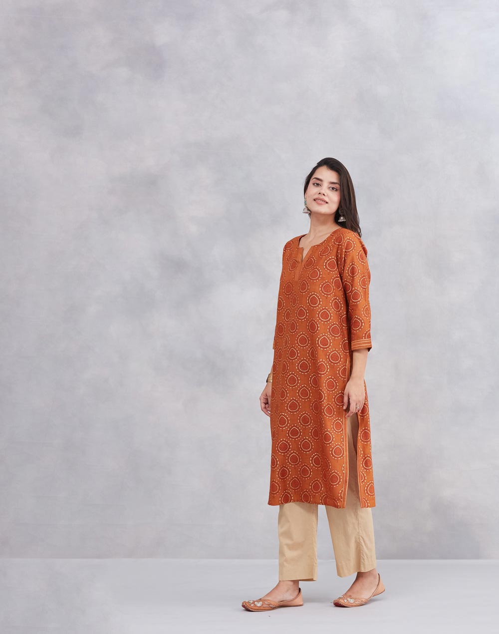 Orange Cotton Silk Hand Block Printed Long Kurta