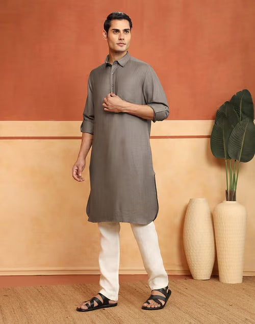 Grey Pathani Kurta with regular collar