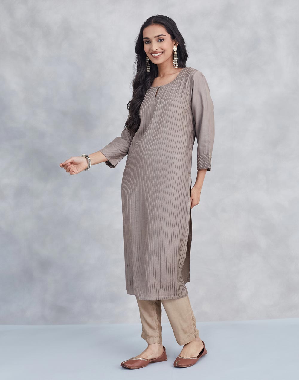 Grey Viscose Silk Pintucks Long Kurta
