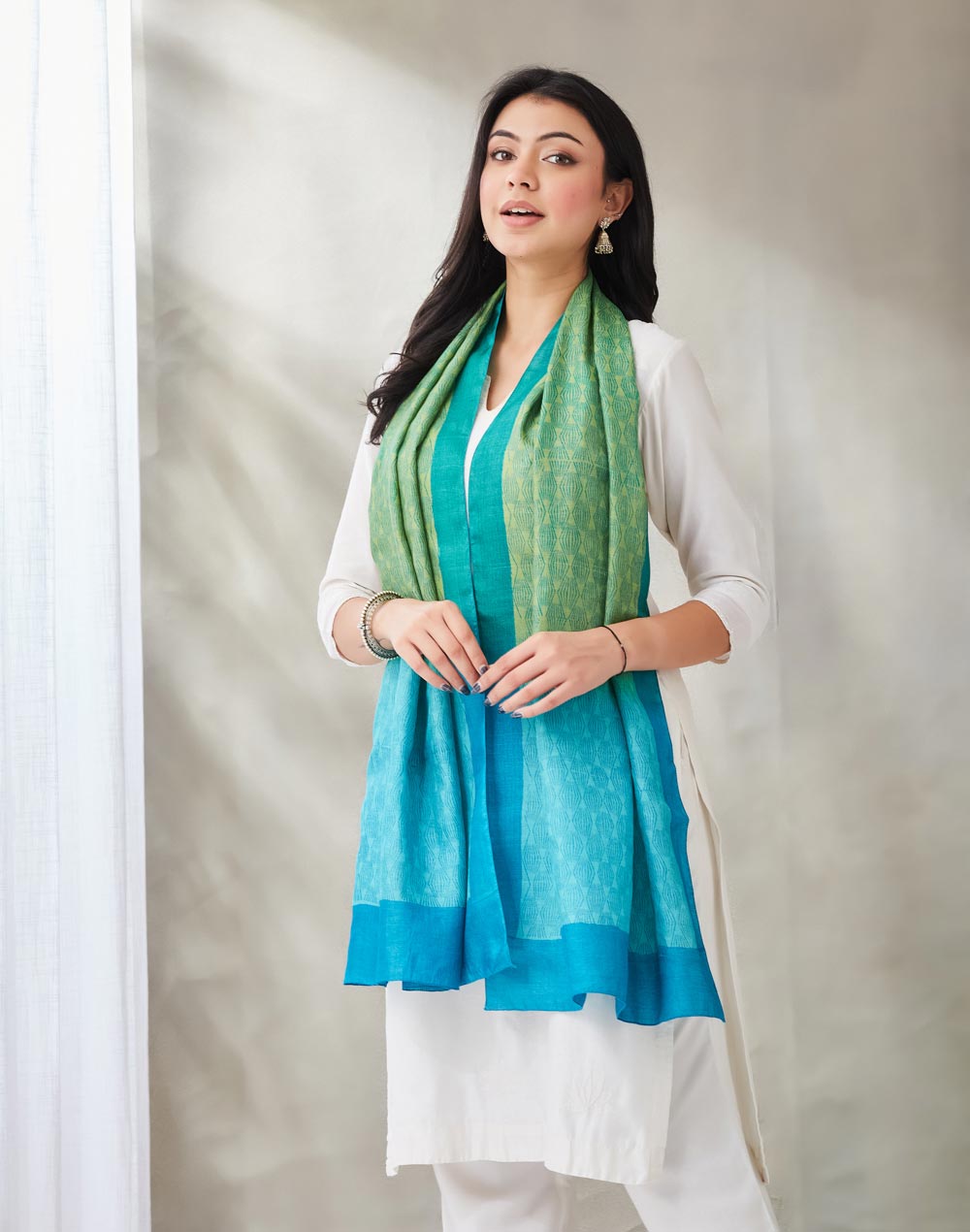 Green Silk Hand Block Printed Stole