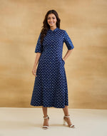 Indigo Cotton Dabu Printed Midi Dress