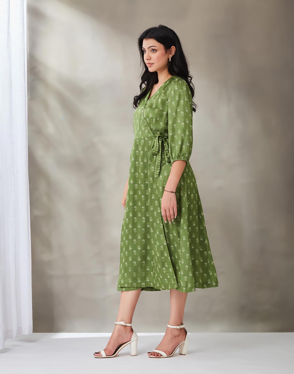 Green Rayon Blend Hand Block Printed Camelia Wrap Midi Dress