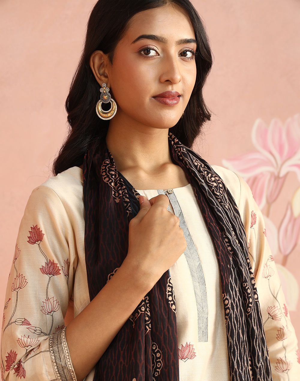 Red-Black Viscose Blend Ajrakh Printed Stole