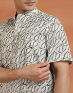 Blue Cotton Hand Block Printed Slim Fit Mid Placket Shirt