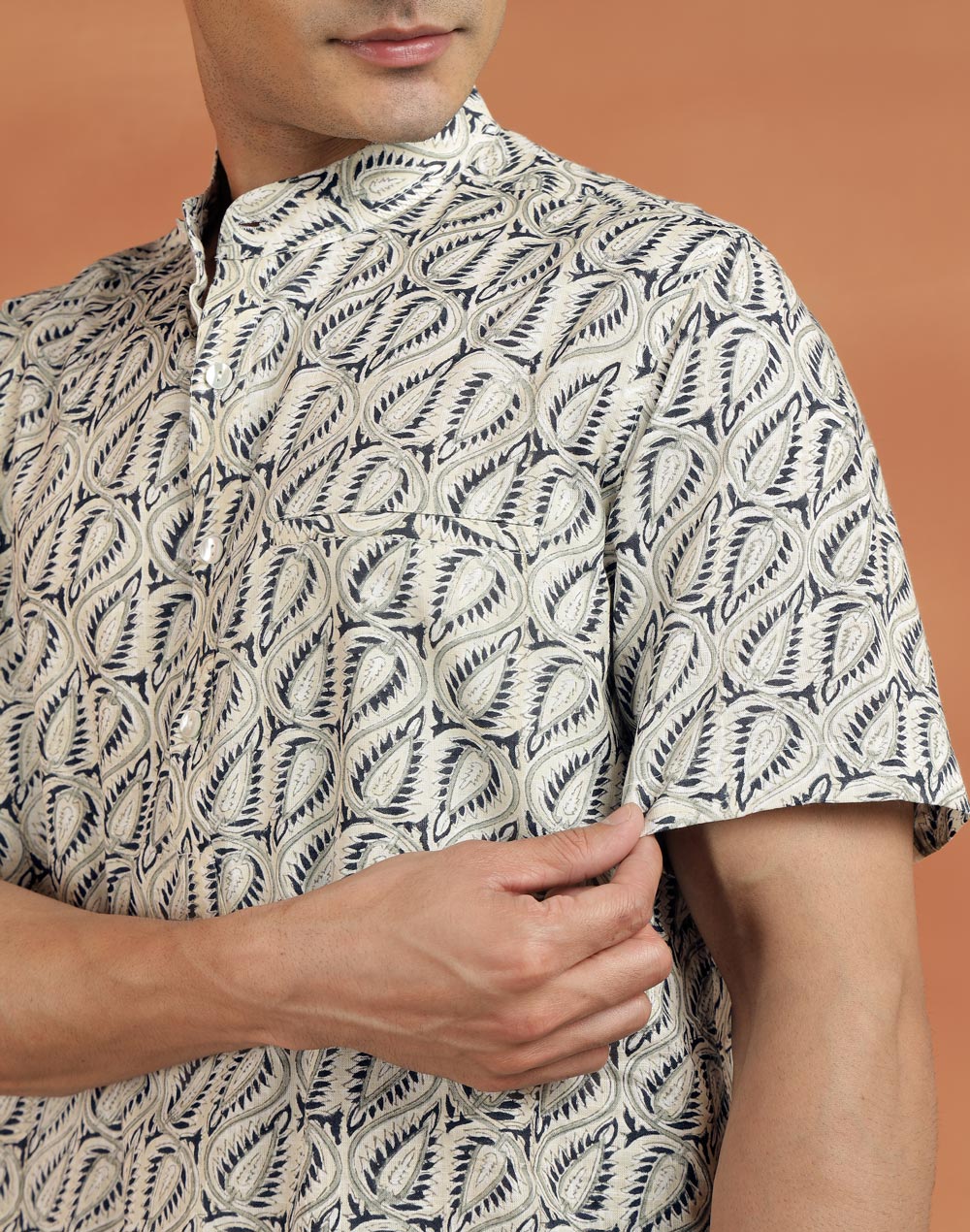 Blue Cotton Hand Block Printed Slim Fit Mid Placket Shirt