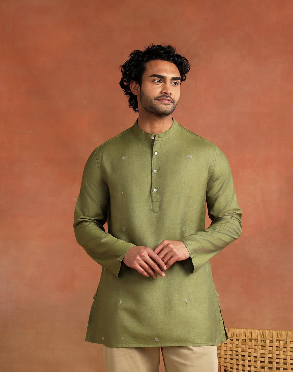 Green Viscose Silk Embroidered Short Kurta