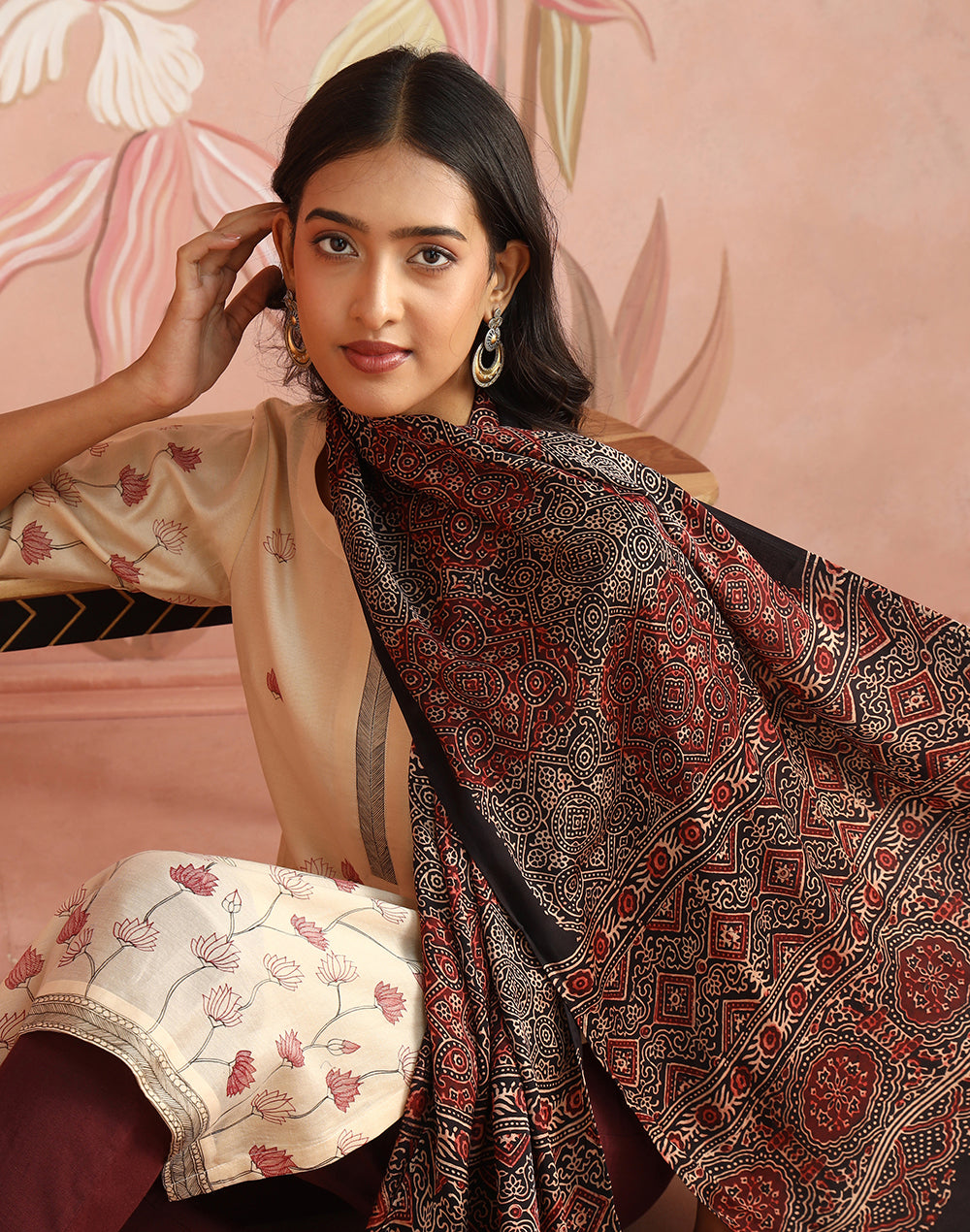 Black-Red Viscose Blend Ajrakh Printed Stole
