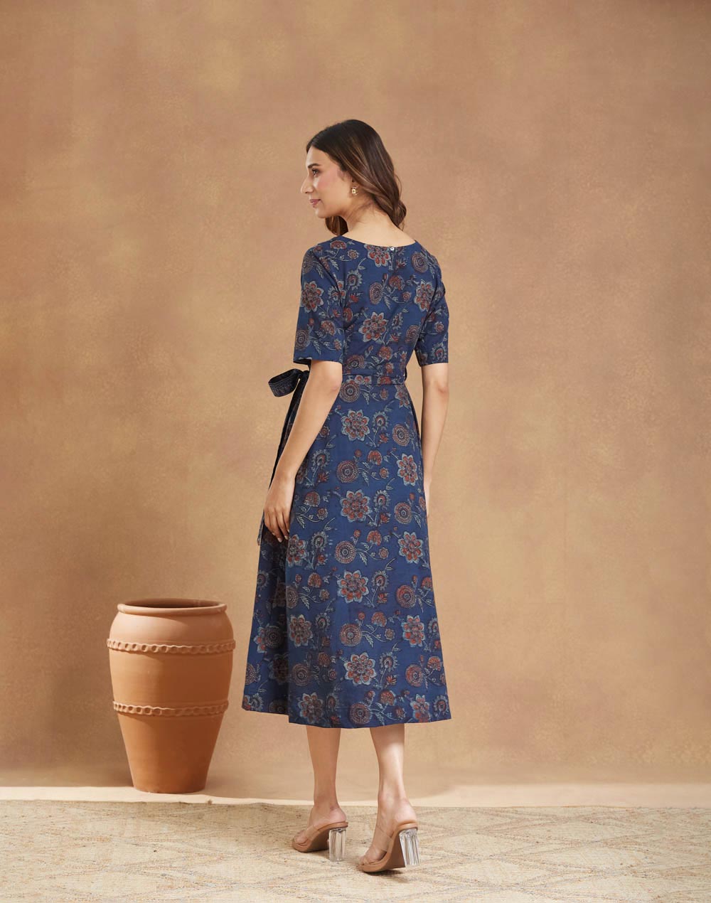 Blue Cotton Bagru Printed Midi Dress