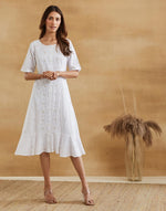White Cotton Chikankari Peony Ruffle Midi Dress & Lining