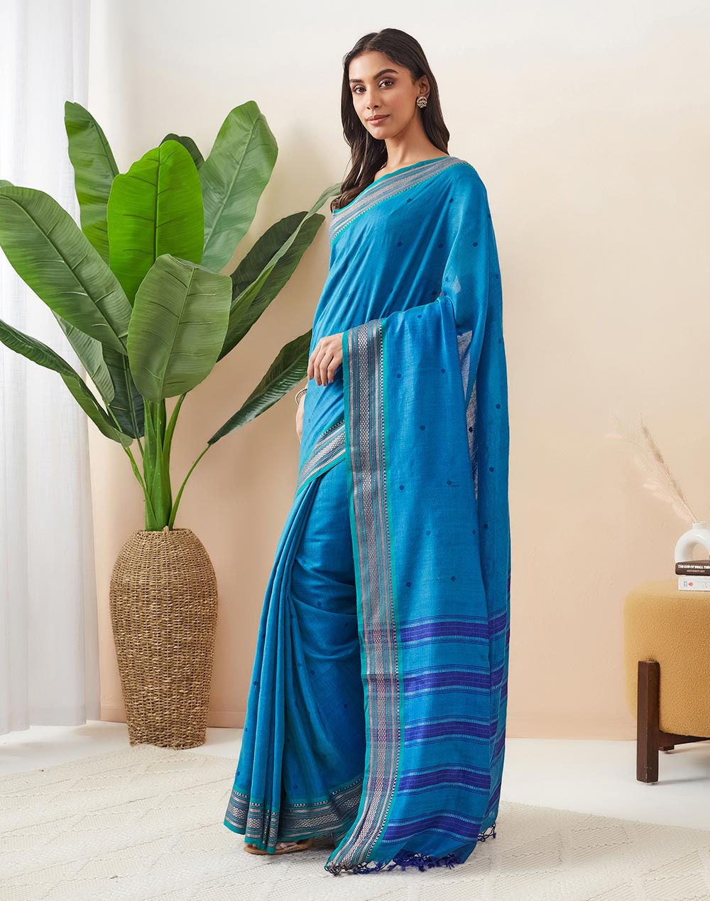 Teal Cotton Silk Blend Jamdani Woven Wonders Sari