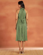 Green Rayon Blend Hand Block Printed Marilyn Halter Midi Dress