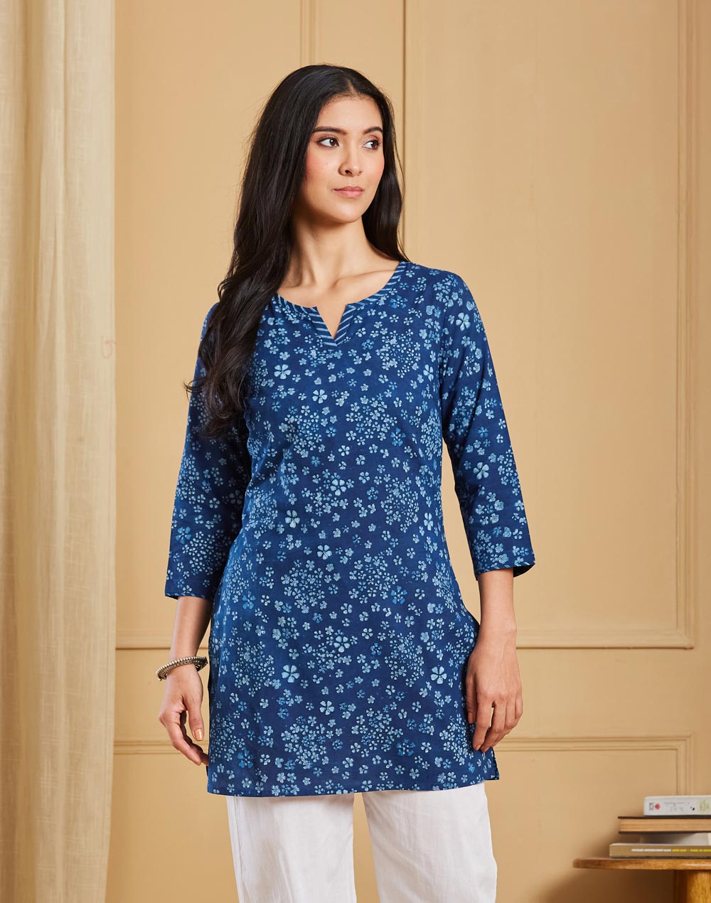 Indigo Cotton Bagru Printed Short Kurta