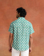 Teal Cotton Hand Block Printed Slim Fit Shirt