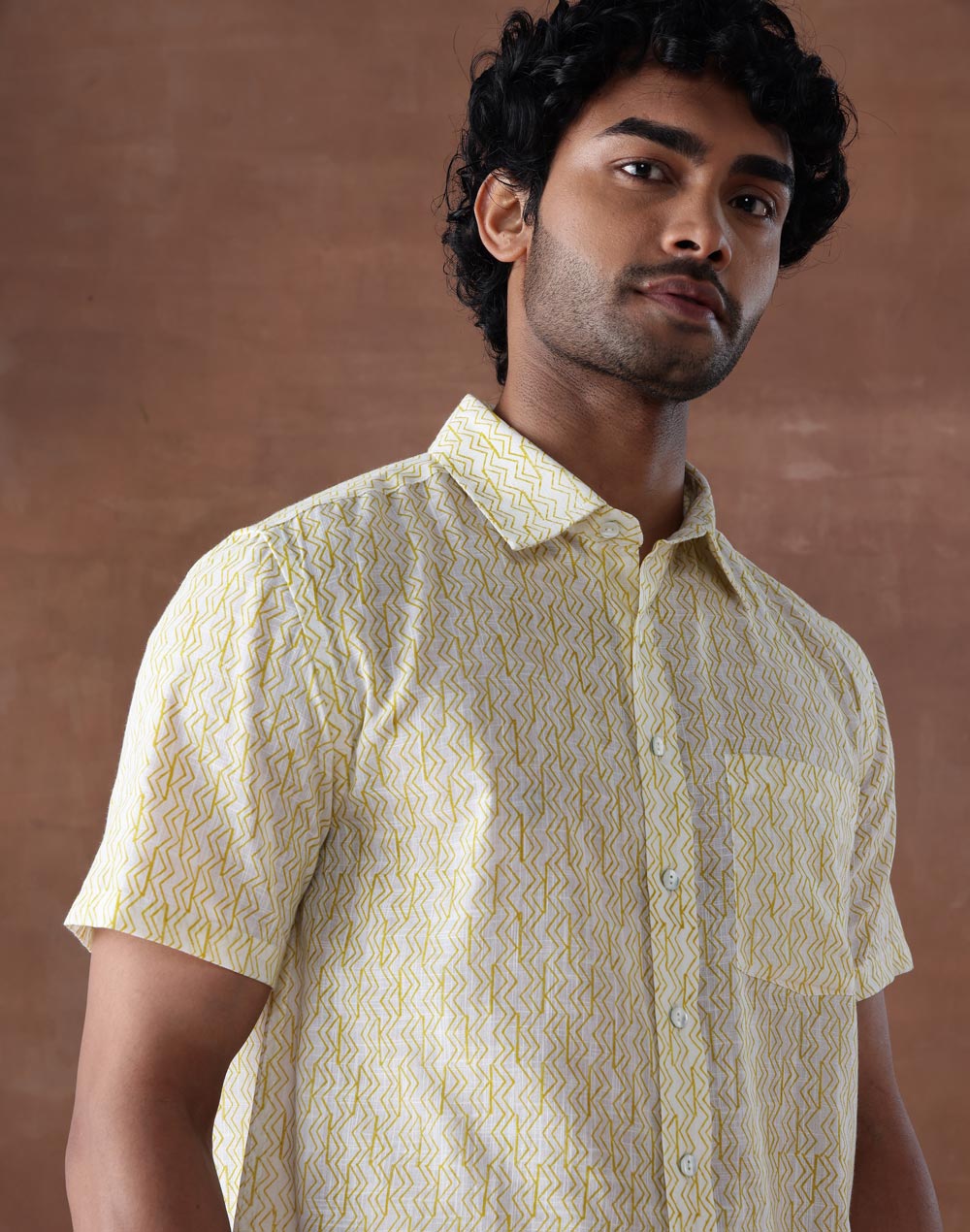Yellow Cotton Hand Block Printed Bush Shirt