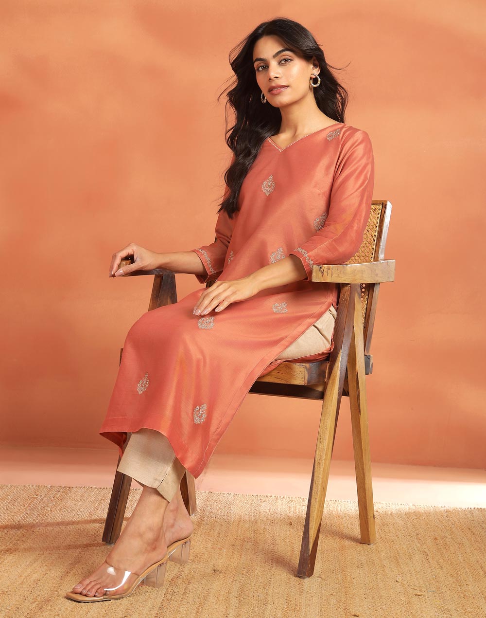 Pink Cotton Silk Embroidered Long Kurta