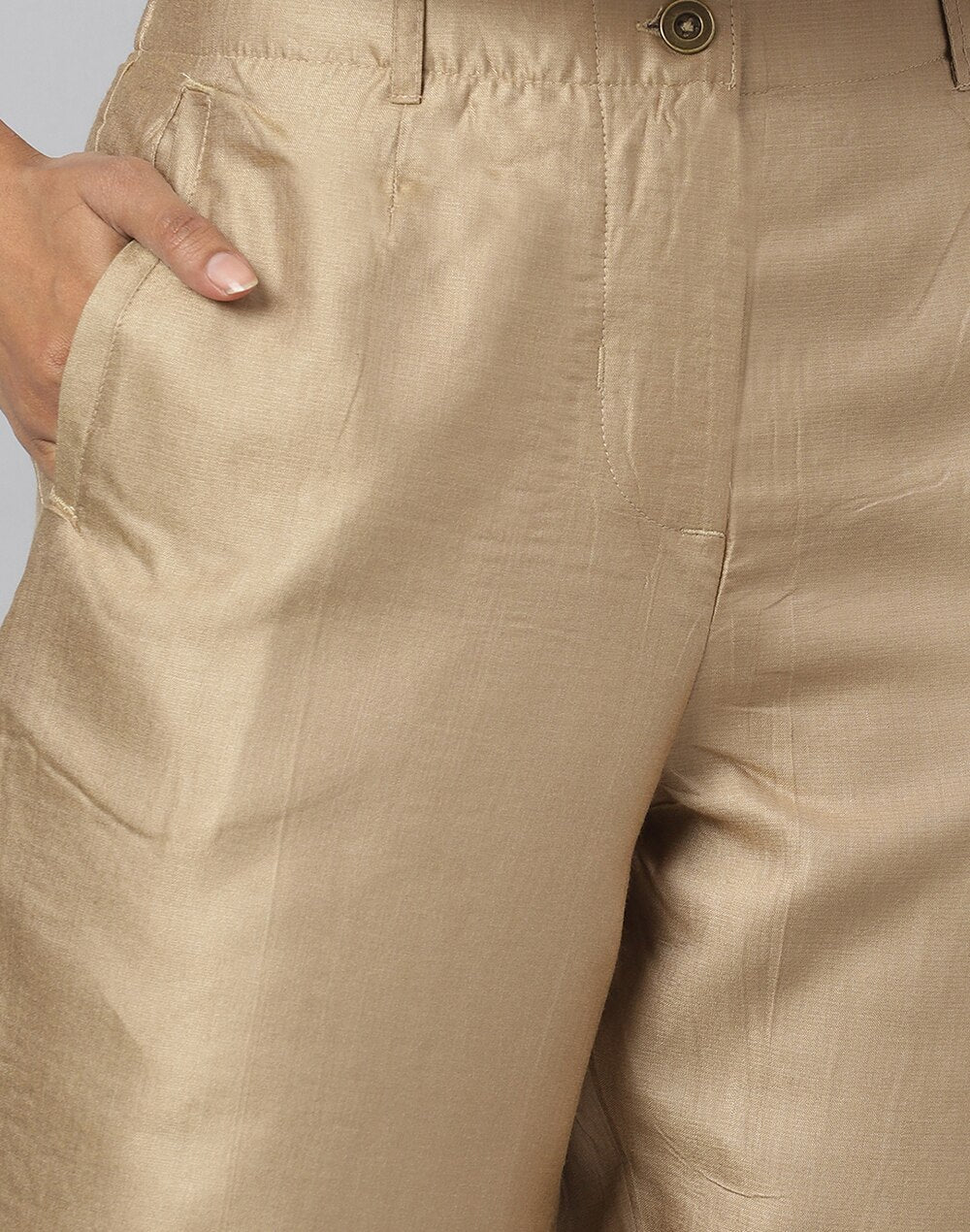 Beige Viscose Silk Slim Fit Formal Kosi Pant