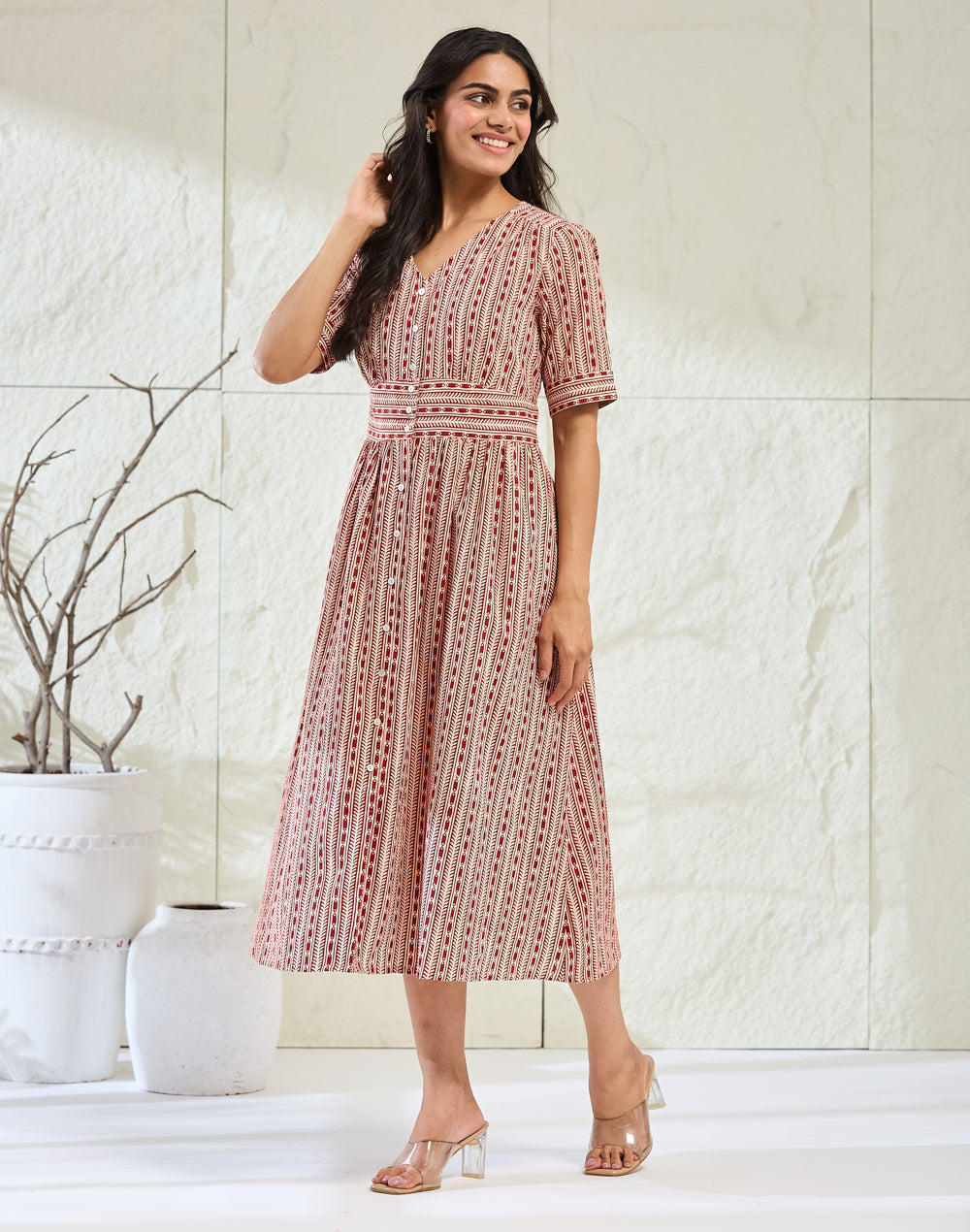 Red Cotton Bagh Printed Midi Dress