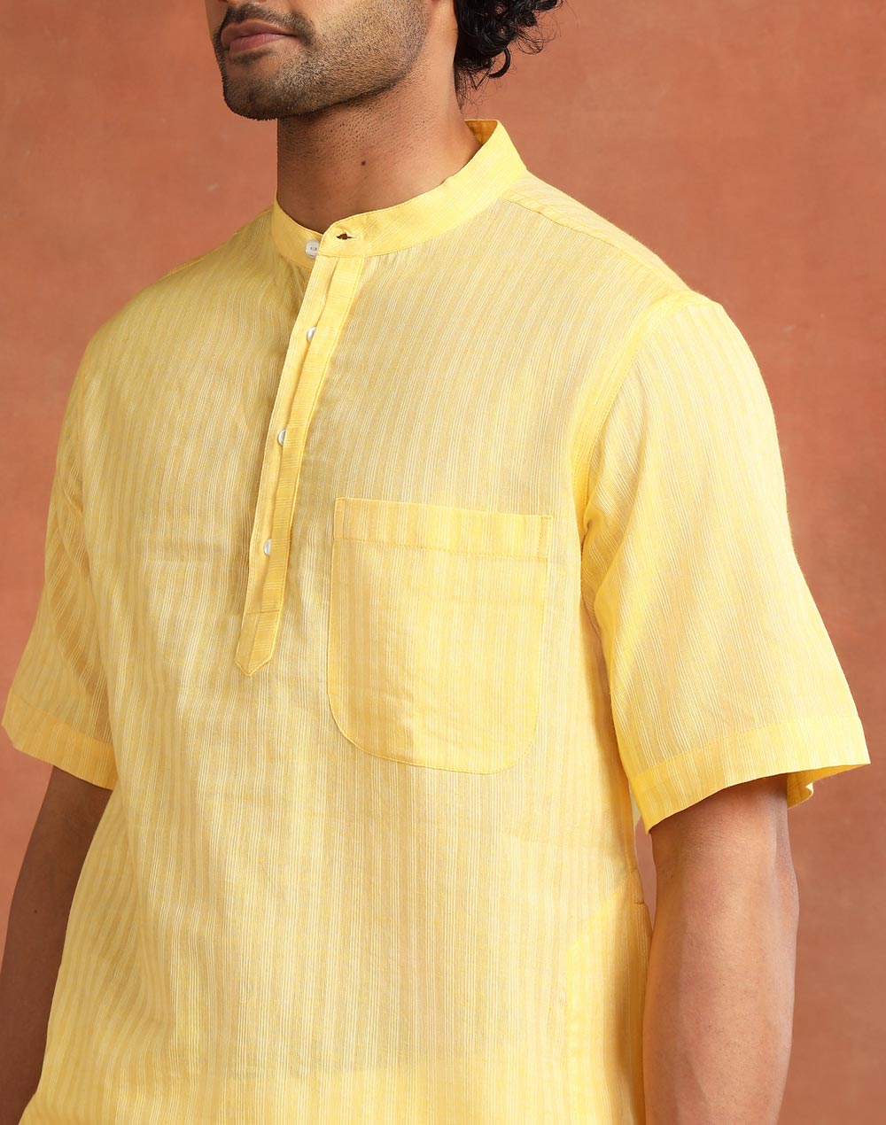 Yellow Cotton Dobby Short Kurta