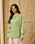 Green Block Print Geometric Top with round neck and full sleeves