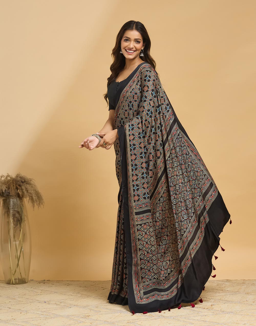 Black Viscose Blend Ajrakh Printed Sari