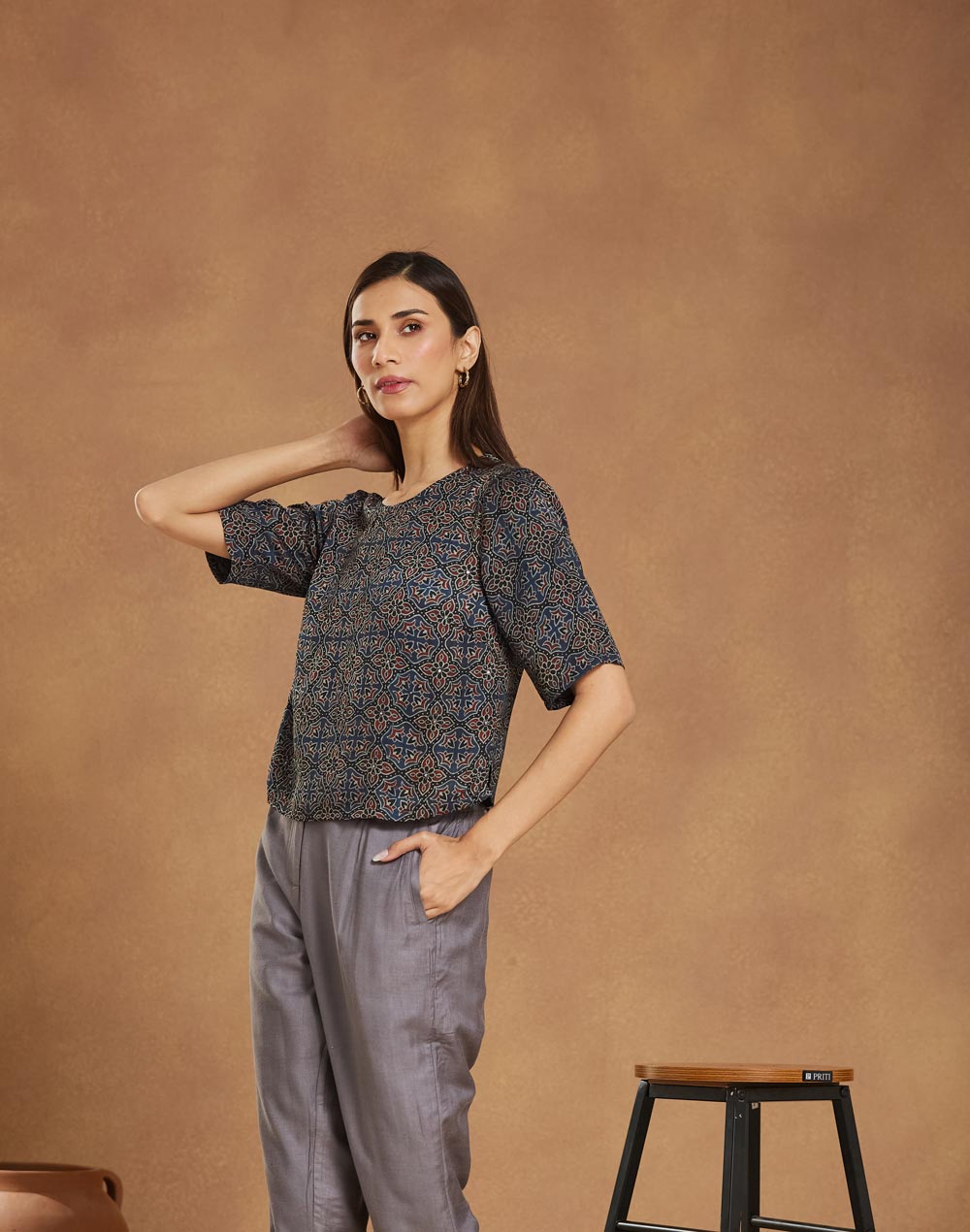Navy Rayon Blend Ajrakh Printed Short Top