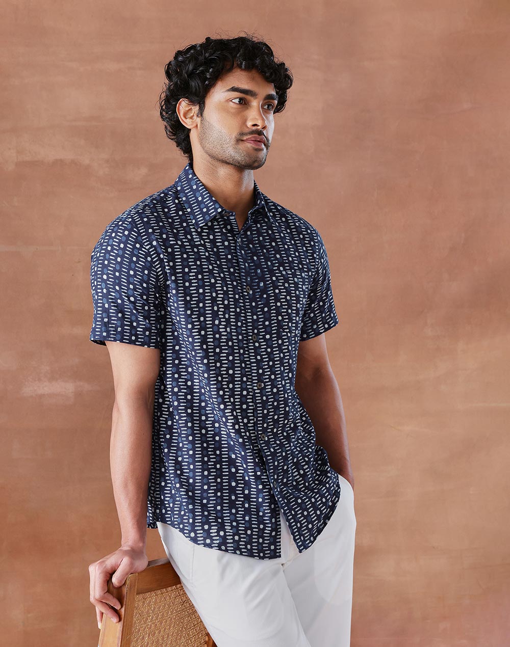 Indigo Cotton Dabu Printed Slim Fit Shirt