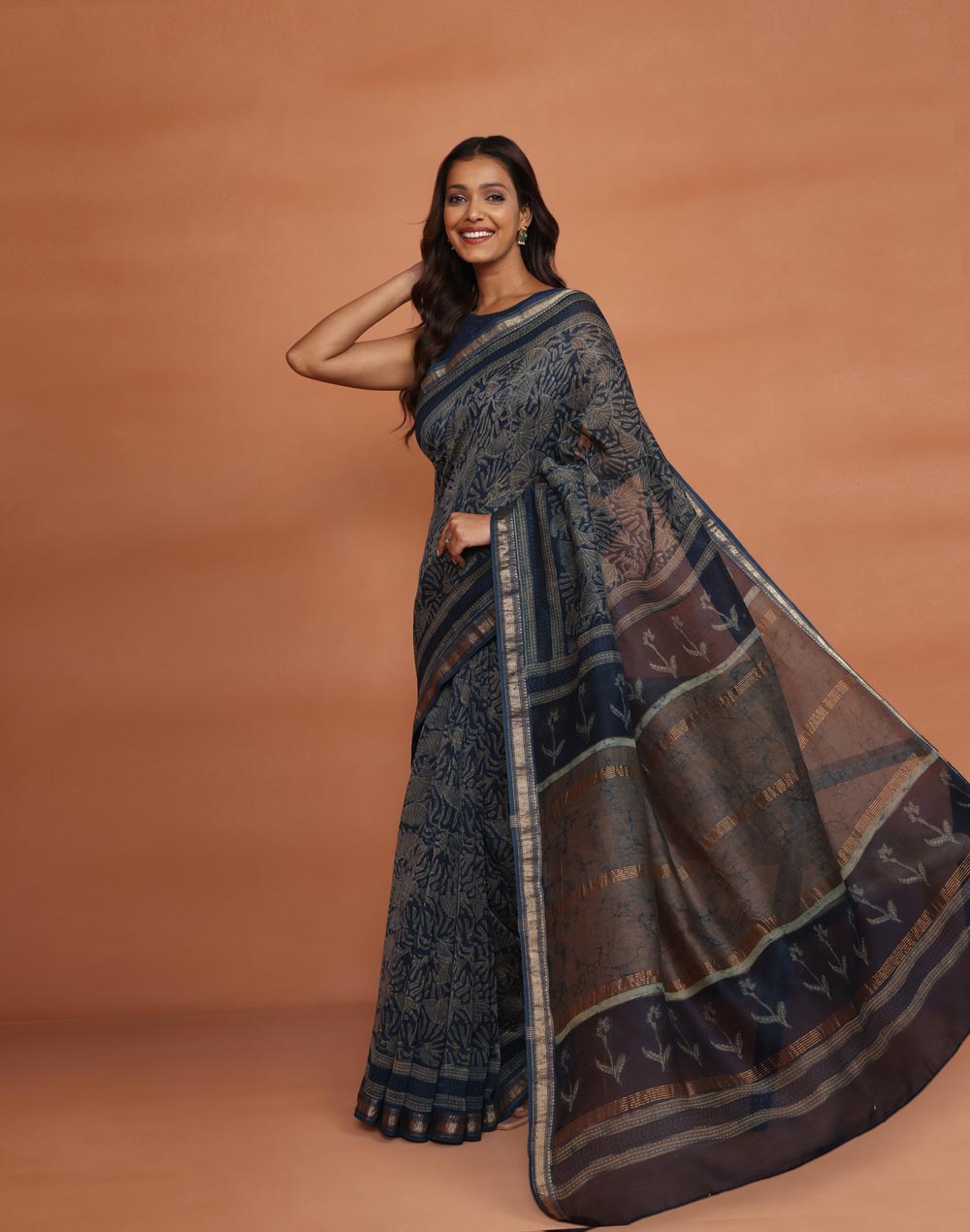 Indigo Cotton Silk Blend Dabu Printed Sari