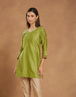 Green Cotton Silk Hand Block Printed Slim Fit Short Kurta