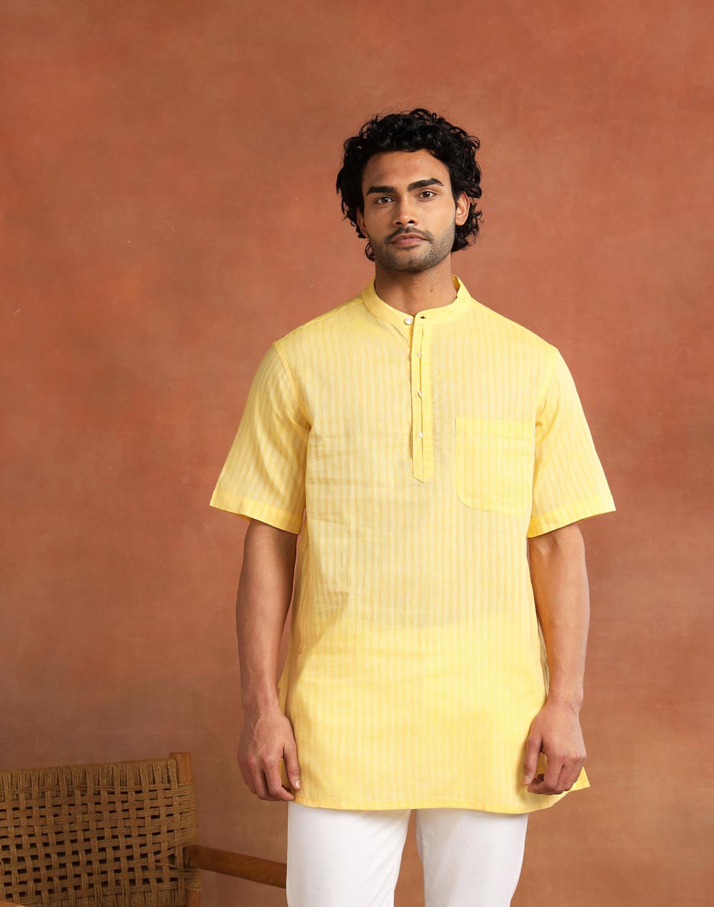 Yellow Cotton Dobby Short Kurta