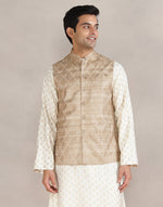 Beige Silk Hand Block Printed Nehru Jacket