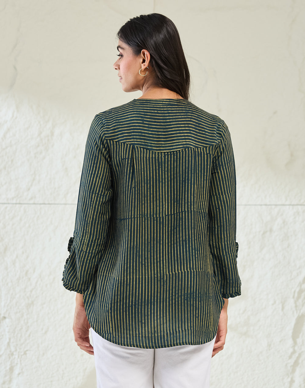 Green Rayon Blend Dabu Striped Shirt