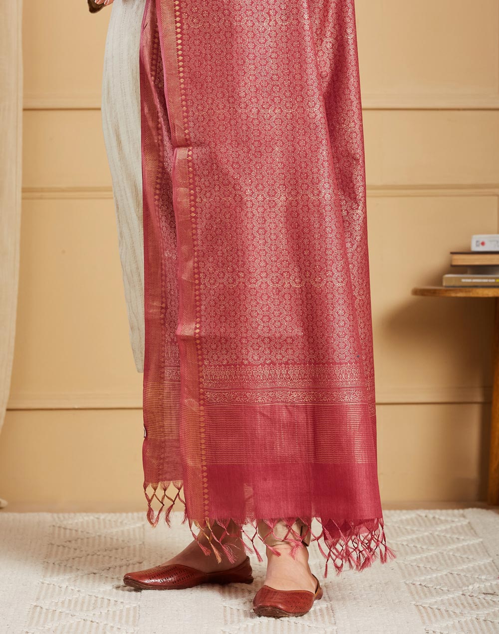 Pink Silk Blend Hand Block Print Dupatta