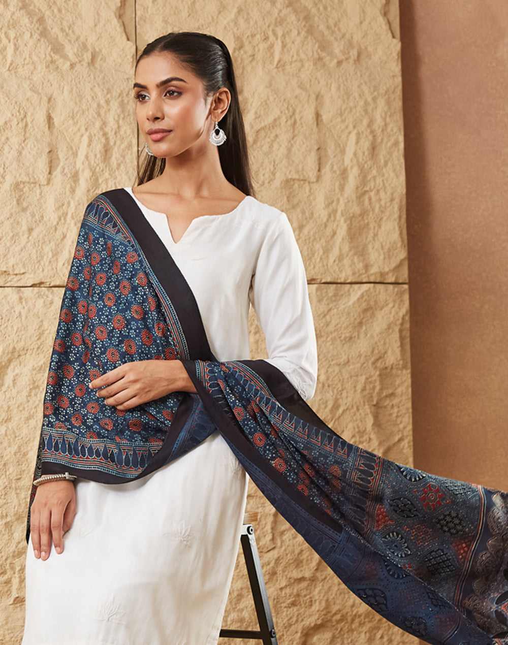 Indigo Viscose Blend Ajrakh Printed Stole
