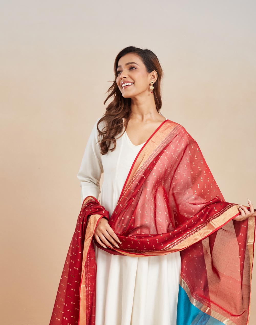 Red Cotton Silk Blend Hand Block Printed Dupatta