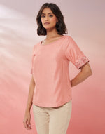Dusty Pink Hand Embroidered Top with round neck and half sleeves